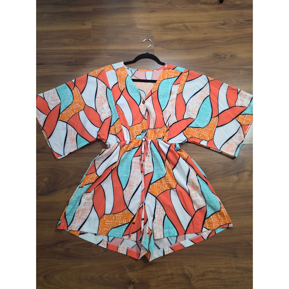 NWT SHEIN Romper Medium Orange Teal Geometric Print V-Neck Drawstring Waist